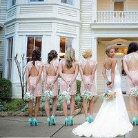 Pretty bridesmaid dress,Round Neck bridesmaid dress,Cap Sleeves bridesmaid dress,Pink Lace bridesmaid dress,Short Bridesmaid Dress, BDS00080 - Thumbnail 1