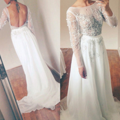 Sleeves beaded prom dress, top open back prom dress, long prom dress,chiffon prom dress,white prom dress, bds00082 - Thumbnail 5