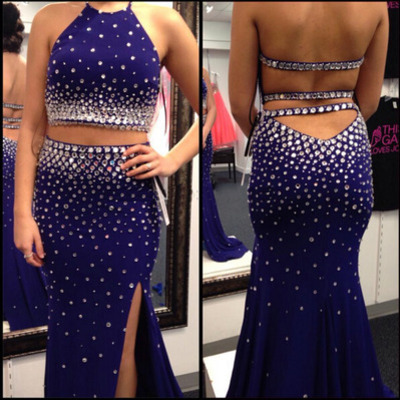 Two pieces prom dress,halter rhinestone beaded prom dress,long prom dress,chiffon prom dress,royal blue prom dress,bds00084 - Thumbnail 5