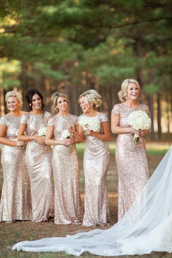 Gold Sequin bridesmaid dress,High Neck bridesmaid dress,Short Sleeves bridesmaid dress,Open Back bridesmaid dress,Long Bridesmaid Dresses,BDS00089