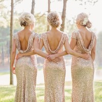 Gold Sequin bridesmaid dress,High Neck bridesmaid dress,Short Sleeves bridesmaid dress,Open Back bridesmaid dress,Long Bridesmaid Dresses,BDS00089 - Thumbnail 1