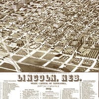 Lincoln, Nebraska in 1889 - Bird's Eye View Map, Aerial, Panorama, Vintage, Antique, Reproduction, Giclée, Framable, Fine Art, Wall Map - Thumbnail 1