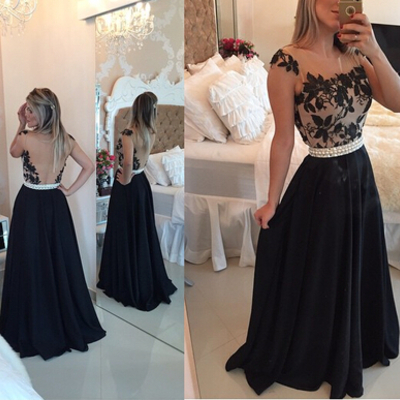 Cap sleeves prom dress,lace prom dress,floor length prom dress,long prom dress,black prom dress,bds00121 - Thumbnail 5
