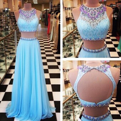 Two pieces prom dress,round neck prom dress,hollow back prom dress,blue prom dress,long prom dress,chiffon prom dress,bds00122 - Thumbnail 5