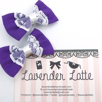 Purple MINI Fabric Hair Bow with Pure White Lace Centre Overlay Grape Hair Clip - Thumbnail 2
