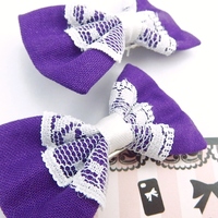 Purple MINI Fabric Hair Bow with Pure White Lace Centre Overlay Grape Hair Clip - Thumbnail 3