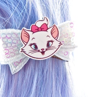 White Sequin Mini Hair Bow with Marie Cat Center Hair Clip - Thumbnail 3