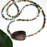 Long Necklace, Wood Necklace, Beaded Necklace, Summer Jewelry, Colorful Bead Necklace - Thumbnail 4