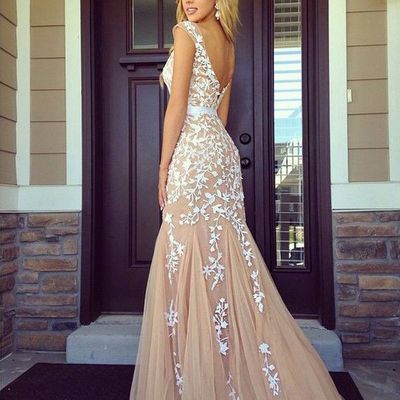 Lace prom dress, long prom dress, prom dress 2015, champagne prom dress, long evening dress, party dress gown, e112