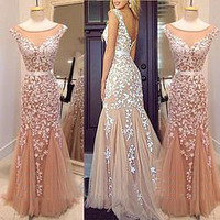 lace prom dress, long prom dress, prom dress 2015, champagne prom dress, long evening dress, party dress gown, E112 - Thumbnail 1