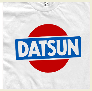 Datsun vintage, drivers white t-shirt.