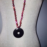 Long purple beads with black stone pendant - Thumbnail 1