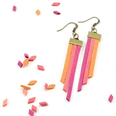 Fringe earrings in pink and orange - vegan suede