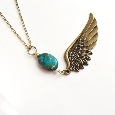 Feather necklace, dream necklace, angel wing necklace, jasper and feather, bohemian - Thumbnail 2