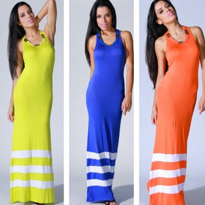 Maxi dress w/ bejeweled neck trim