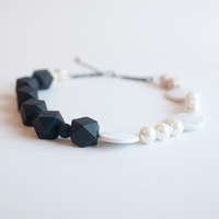 Geometric Round Beaded Black & White Necklace, NL0658 - Thumbnail 1