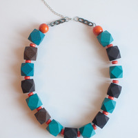 Chocolate Brown Blue Orange Collar Statement Necklace NL0661 - Thumbnail 1