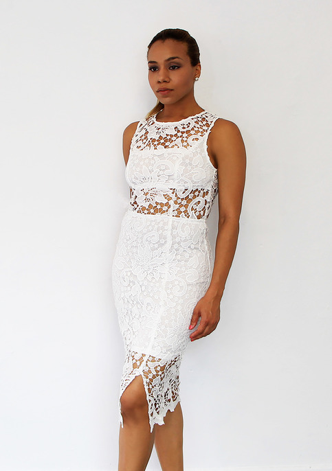 Sleeveless Hollow Slim Lace Dress - White