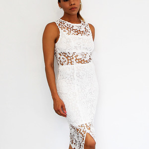 Sleeveless Hollow Slim Lace Dress - White - Thumbnail 2