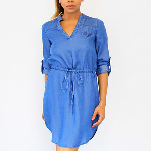 Tencel Long Sleeve Drawstring Tunic Dress - Dark