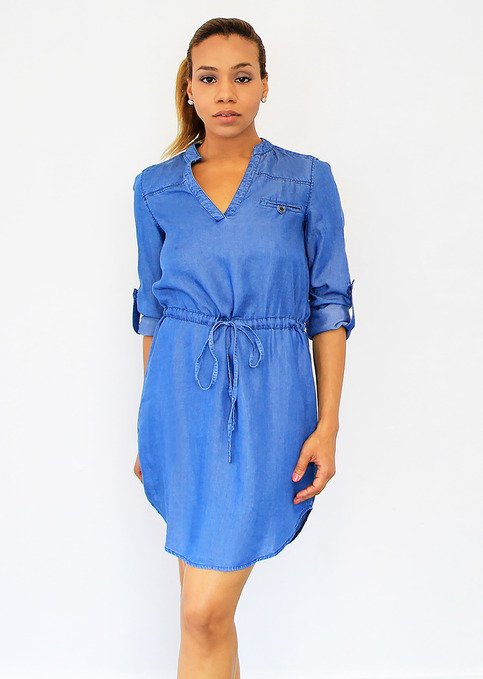 Tencel Long Sleeve Drawstring Tunic Dress - Dark