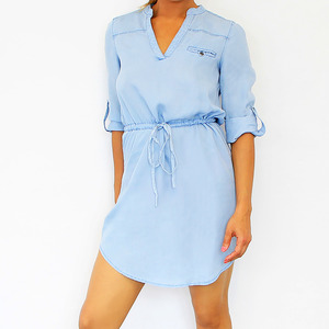 Tencel Long Sleeve Drawstring Tunic Dress - Light