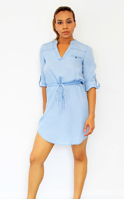 Tencel Long Sleeve Drawstring Tunic Dress - Light