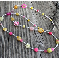 36" Tropical Fruit Pink Yellow White Beaded Flowers Rhinestones Stripes Shell Long Sweater Collage Necklace