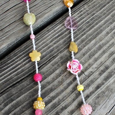 36" tropical fruit pink yellow white beaded flowers rhinestones stripes shell long sweater collage necklace