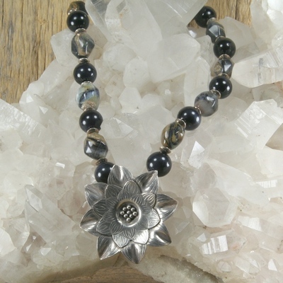 Blue tiger eye and blue opal necklace with hill tribe flower focal point