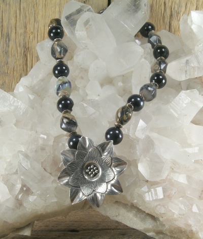 Blue Tiger Eye and Blue Opal Necklace with Hill Tribe Flower Focal Point