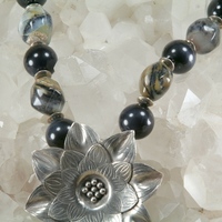 Blue Tiger Eye and Blue Opal Necklace with Hill Tribe Flower Focal Point - Thumbnail 1