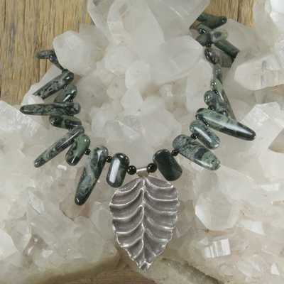 Kambaba jasper and onyx with hill tribe silver leaf focal point