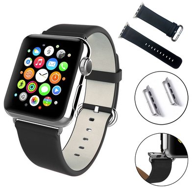Apple watch band, genuine leather strap wrist band replacement with adapter metal clasp for apple watch 38mm 42mm all models 