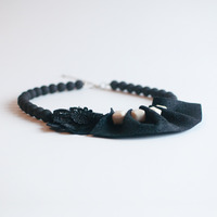 Black Felt Lace Flower Necklace NL0918 - Thumbnail 1