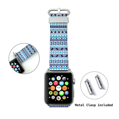 Apple Watch Band, Genuine Leather Strap Wrist Band Replacement with Adapter Metal Clasp for Apple Watch 38mm 42mm All models (Blue Tribal WB04)