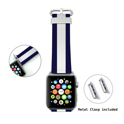 Apple Watch Band, Genuine Leather Strap Wrist Band Replacement with Adapter Metal Clasp for Apple Watch 38mm 42mm All models (Blue Stripe WB01)