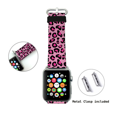 Apple watch band, genuine leather strap wrist band replacement with adapter metal clasp for apple watch 38mm 42mm all models (pink leopard wb07) - Thumbnail 3