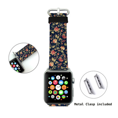 Apple watch band, genuine leather strap wrist band replacement with adapter metal clasp for apple watch 38mm 42mm all models (black floral wb09) - Thumbnail 2