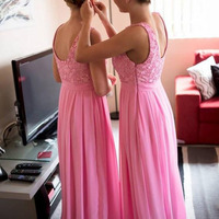 Pink bridesmaid dress, long bridesmaid dress, sleeveless bridesmaid dress, lace bridesmaid dress, pretty bridesmaid dress, PD15252 - Thumbnail 2