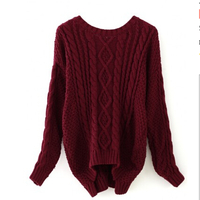 Wine Red Round Neck Cable Knit Sweater  091704 - Thumbnail 1