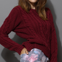 Wine Red Round Neck Cable Knit Sweater  091704 - Thumbnail 2