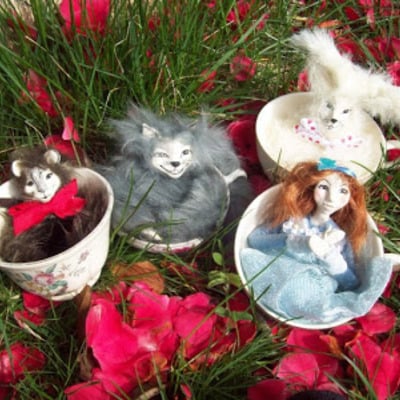 Alice in wonderland storybook tea cup  teaparty doll--ooak-faeryspell creations--alice,mad hatter,cheshire cat,march hare, dormouse,