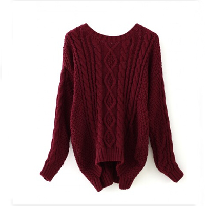 Wine Red Round Neck Cable Knit Sweater  091704