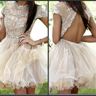 Short backless prom dress, homecoming dress, champagne prom dress, junior party dress, dresses for girls, cocktail dress, bd14605