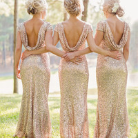 Long bridesmaid dress, cap sleeve bridesmaid dress, champagne gold bridesmaid dress, sequin bridesmaid dress, best sale bridesmaid dress, PD15463 - Thumbnail 1