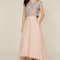 Two pieces bridesmaid dress, high low bridesmaid dress, cap sleeves bridesmaid dress, sequin top bridesmaid dress, wedding party dress, PD15320 - Thumbnail 1