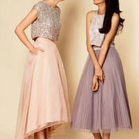 Two pieces bridesmaid dress, high low bridesmaid dress, cap sleeves bridesmaid dress, sequin top bridesmaid dress, wedding party dress, PD15320 - Thumbnail 2