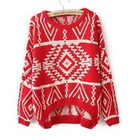 Geometric Diamond Pattern Loose Long-Sleeved Knit Sweater  091803 - Thumbnail 1
