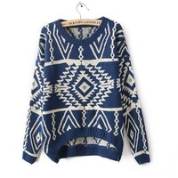 Geometric Diamond Pattern Loose Long-Sleeved Knit Sweater  091803 - Thumbnail 3